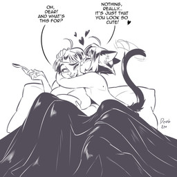 big_breasts blush blush_lines bowl breasts container cutlery dialogue duo female femboy hair heart_symbol kissing kitchen_utensils male nipples nude short_hair speech_bubble spoon tail tail_motion tailwag text tools under_covers deeb890 abby_(deeb890) cory_(deeb890) animal_humanoid cat_humanoid felid felid_humanoid feline feline_humanoid humanoid mammal mammal_humanoid 1:1 2023 absurd_res black_and_white english_text hi_res monochrome signature