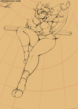 accessory anthro antlers bent_leg black_outline bottomless bracelet breasts capelet clothed clothing diamond_eyes dream_breaker_(pseudoregalia) eyebrows eyelashes female floppy_ears hair_accessory hair_ring holding_object holding_weapon hooves horn jewelry looking_down lop_ears outline solo tail text thick_eyebrows topwear vest weapon unnotablejulz pseudoregalia sybil_(pseudoregalia) bovid caprine goat jackalope lagomorph mammal 2026 artist_name dated hi_res monochrome sepia signature sketch