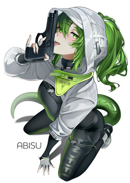 accessory belt black_bodysuit black_choker black_clothing black_jewelry black_necklace black_skinsuit blush bodysuit breasts choker clothed clothing female fingerless_gloves footwear gloves green_eyes green_hair gun hair hair_accessory hair_between_eyes handwear holding_gun holding_object holding_ranged_weapon holding_weapon hood jacket jewelry kneeling licking_object long_hair medium_breasts necklace open_clothing open_jacket open_mouth open_topwear ponytail ranged_weapon shoes simple_background skinsuit solo tail text tight_clothing tongue tongue_out topwear weapon white_background white_clothing white_footwear white_jacket white_shoes white_topwear fromabisu arknights arknights_endfield hypergryph studio_montagne fluorite_(arknights) animal_humanoid humanoid reptile reptile_humanoid scalie scalie_humanoid snake_humanoid artist_name english_text hi_res signature