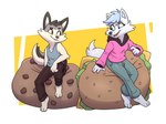 anthro burger candy chocolate chocolate_chip_cookie chocolate_chips cookie dessert duo female food male deadyoung7 jan_(kigtoons) sundae_(kigtoons) canid canine canis fox mammal wolf absurd_res hi_res