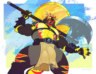 abs abstract_background anthro areola armor armpit_hair axe barazoku barbarian battle_axe belt biceps big_bulge big_muscles body_hair border bottomwear bracers bulge claws clothed clothing cloud day detailed_bulge fur hair harness holding_axe holding_object holding_weapon huge_bulge huge_muscles loincloth looking_at_viewer low-angle_view male muscular muscular_anthro muscular_male navel nipples open_mouth outside pauldron pecs serratus simple_background solo spiked_pauldron spikes standing sun sweatdrop_(iconography) teeth thick_arms thick_thighs topless topless_anthro topless_male tuft unconvincing_armor weapon white_border kihu infernowolf canid canine canis mammal wolf 2025