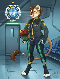 anthro armor brown_nose brown_tail_tuft clothed clothed_female clothing digitigrade female flight_jacket flight_suit footwear fur headgear helmet open_mouth solo tail tail_tuft tan_body tan_fur toeless_footwear tuft whiskers yellow_eyes kacey space_battleship_yamato abby_(grumpypuppy) felid lion mammal pantherine 2026 hi_res