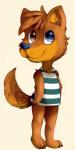 anthro brown_body brown_fur canid canine canis chibi clothing dingo fur heterochromia hi_res male mammal shirt simple_background solo srta-rata tank_top topwear