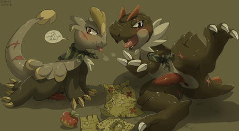 animal_genitalia anus apple blush blush_lines bodily_fluids butt claws dialogue drooling duo erection feral finger_claws food fruit genital_fluids genital_slit genitals inviting leaking_precum lying male map on_back on_front open_mouth paper penis plant precum presenting presenting_hindquarters presenting_penis saliva scar scarf simple_background speech_bubble sweat sweatdrop tail tapering_penis text toe_claws tongue tongue_out qrnrr nintendo pokemon pokemon_mystery_dungeon spike_chunsoft dinosaur fossil_pokemon generation_6_pokemon generation_7_pokemon jangmo-o pokemon_(species) prehistoric_species reptile scalie tyrunt english_text