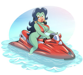anthro big_breasts blue_hair breasts brown_eyes clothing ear_piercing exposure_variation eyebrows eyelashes female fur green_body green_fur hair jetski lips lipstick long_hair looking_at_viewer makeup one-piece_swimsuit partially_submerged piercing red_clothing red_lipstick red_sling_bikini red_swimwear simple_background sling_bikini solo swimwear tan_body tan_fur thick_lips thick_thighs water white_background wide_hips omegasunburst adventures_of_sonic_the_hedgehog sega sonic_the_hedgehog_(series) breezie_hedgebot_robotnik breezie_the_hedgehog eulipotyphlan hedgehog mammal hi_res