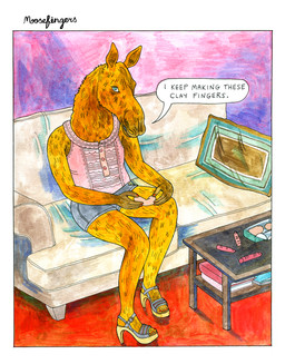 anthro blue_eyes bottomwear brown_body brown_fur clay clothed clothing coffee_table colored_nails creating_art dialogue feet female fingernails footwear fully_clothed fur furniture grey_bottomwear grey_clothing grey_shorts high_heeled_sandals high_heels humanoid_feet humanoid_hands nails on_sofa pink_clothing pink_shirt pink_tank_top pink_topwear plantigrade red_fingernails red_nails red_toenails sandals sculpting shirt shoes shorts sitting sitting_on_sofa snout sofa solo speech_bubble tank_top text toenails toes topwear lisa_hanawalt deer mammal moose new_world_deer comic english_text hi_res traditional_media_(artwork)