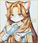 anthro blush breasts brush claws clothing dress ear_tuft eyebrows female gold-rimmed_board hair hairbrush long_hair solo tuft whiskers kiichi felid feline mammal hi_res signature