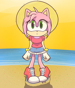 anthro beach breasts clothed clothing eyelashes female footwear fully_clothed fur glistening glistening_eyes gloves green_eyes handwear hat headgear headwear looking_at_viewer medium_breasts multicolored_body navel_outline pink_body pink_fur sand seaside shadow shoes smile solo sunset tan_body thin_calves thin_legs thin_thighs water rio7 sega sonic_the_hedgehog_(series) amy_rose eulipotyphlan hedgehog mammal 2022 hi_res shaded signature