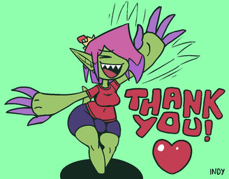 big_butt breasts bulge butt chibi claws clothing eyes_closed gesture green_body green_skin gynomorph hair intersex plant purple_hair smile solo text thick_thighs waving waving_at_viewer wide_hips indynd bandai_namco digimon melia_(indynd) digimon_(species) elemental_creature elemental_humanoid flora_fauna humanoid palmon plant_humanoid 2022 digital_media_(artwork) english_text