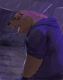 anthro biped black_nose bodily_fluids brown_body brown_fur clothing crying detailed_background eyes_closed fur hoodie male outside raining sad solo tears topwear crentonigen bear mammal 2021 hi_res