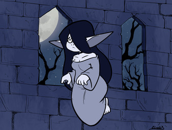 biped black_hair breasts castle clothed clothed_female clothed_humanoid clothing dress exposed_shoulder fantasy female female/female female_humanoid floating goblinization grass hair hair_over_eye humanoid_pointy_ears inside long_dress long_ears long_hair moon not_furry one_eye_obstructed plant pointy_ears sad shortstack solo tired tree white_body white_clothing white_eyes white_skin elmistorr sadako_goblin sadako_yamamura ghost goblin humanoid mammal spirit undead