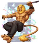 abs anthro armpit_hair body_hair bottomwear claws clothing feet male mane muscular muscular_anthro muscular_male nipples pants pecs solo amon-sydonai bandai_namco digimon digimon_(species) felid leomon lion mammal pantherine hi_res