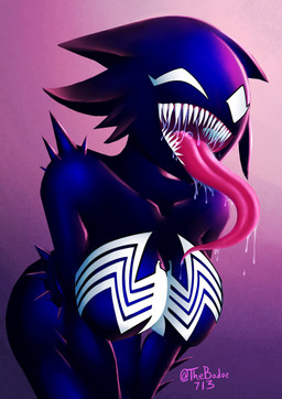 big_breasts bodily_fluids breasts female long_tongue looking_at_viewer not_furry saliva saliva_on_tongue sharp_teeth simple_background smile solo spiked_arms spiked_shoulders spikes teeth tongue tongue_out 713_(artist) marvel she-venom venom_(marvel) alien alien_humanoid humanoid symbiote 2026 absurd_res hi_res