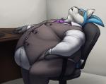 anthro belly belly_overhang big_belly big_butt biped black_body black_fur blue_body blue_fur bodily_fluids buckteeth butt button_(fastener) chair clothed clothing computer_mouse desk drooling eyes_closed fully_clothed fur furniture hair huge_belly hyper hyper_belly inside long_ears male morbidly_obese morbidly_obese_anthro morbidly_obese_male multicolored_body multicolored_fur necktie obese obese_anthro obese_male office office_chair open_mouth overweight overweight_anthro overweight_male saliva sitting sleeping solo straining_buttons suit table teeth topwear vest white_body white_fur white_hair sugarboy winston_(roller-2009) lagomorph leporid mammal rabbit