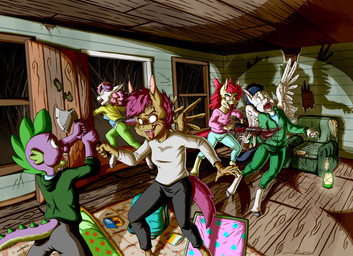 accessory anthro anthrofied axe back_wings barefoot biped black_hair blood bodily_fluids book bottomwear bow_ribbon breasts chainsaw clothed clothing countershade_face countershade_tail countershade_torso countershading creepy detailed_background dismemberment dying feathered_wings feathers feet female gore grey_body group hair hair_accessory hair_bow hair_ribbon head_spikes holding_axe holding_chainsaw holding_object holding_power_tool holding_tool hooves horn inside killing looking_at_another male multicolored_body multicolored_hair no_pupils open_mouth orange_body pajamas plant possession power_tool purple_eyes purple_hair red_hair ribbons running scared severed_arm severed_body_part severed_limb shirt small_breasts spikes spikes_(anatomy) standing tail tan_body tan_countershading tongue tools topwear two_tone_body unguligrade unicorn_horn white_body white_eyes wings wounded yellow_body young young_anthro young_female young_male zooshi evil_dead friendship_is_magic hasbro my_little_pony mythology apple_bloom_(mlp) cutie_mark_crusaders_(mlp) rumble_(mlp) scootaloo_(mlp) spike_(mlp) sweetie_belle_(mlp) dragon equid equine horse mammal mythological_creature mythological_equine mythological_scalie pegasus pony scalie unicorn 2025 absurd_res hi_res