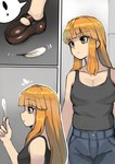 black_clothing black_shirt black_tank_top black_topwear blonde_hair bottomwear clothing female green_eyes hair holding_feather human_only loose_feather not_furry pants shirt smile solo surprised tank_top topwear toribako human mammal 2024 comic hi_res