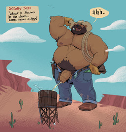 anthro armpit_hair armpit_tuft aroused aroused_male balls barazoku beard beer_belly belly belly_hair belly_tuft belt biceps big_belly big_muscles big_pecs big_penis blue_bottomwear blue_clothing blue_jeans blue_pants blue_sky bodily_fluids body_hair boots bottomwear brown_armpit_hair brown_beard brown_belt brown_body brown_boots brown_clothing brown_facial_hair brown_footwear brown_fur brown_gloves brown_handwear brown_hat brown_headwear brown_mustache brown_pubes brown_sideburns cactus clothed clothing cloud cloudy_sky cowboy cowboy_boots cowboy_hat cowboy_outfit denim denim_bottomwear denim_clothing desert dialogue erection eyes_closed facial_hair footwear fur genital_fluids genitals gloves green_clothing green_kerchief gun gun_holster gun_on_thigh handgun handwear happy_trail hat headgear headwear jeans kerchief lasso macro macro_anthro macro_male male male_peeing manly mature_anthro mature_male mesa_(landscape) musclegut muscular muscular_anthro muscular_arms muscular_male muscular_thighs mustache nature nature_background nipples old_west omorashi open_belt open_bottomwear open_clothing open_pants outside overweight overweight_anthro overweight_male pants pecs peeing peeing_in_water peeing_into_container peeing_into_water peeing_while_erect penis penis_poking_out pistol pistol_holster plant pubes ranged_weapon relieved rope sand shoes sideburns sky solo speech_bubble sweat sweatdrop sweaty_arms sweaty_belly sweaty_body sweaty_chest sweaty_face sweaty_genitalia sweaty_penis text thick_arms thick_penis thick_thighs topless topless_anthro topless_male tuft unbuckled_pants unzipped unzipped_clothing unzipped_pants urine urine_from_penis urine_stream vein veiny_penis water_tower watersports weapon weapon_holster weapon_on_hip wild_west yellow_urine zipper dramamine scruffy_(scruffybeast) bear mammal ursine absurd_res english_text hi_res