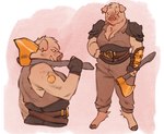 anthro armor axe barefoot belt brown_body brown_fur clothing ear_piercing ear_ring feet female fur holding_axe holding_object hooves pauldron piercing ring_piercing simple_background solo tattoo tusks niochem domestic_pig mammal suid suina sus_(pig) 2023 hi_res