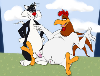 anthro balls beak big_but_unendowed black_body black_fur duo eye_contact feathers fur genitals humanoid_genitalia humanoid_penis looking_at_another male multicolored_body multicolored_feathers multicolored_fur penis penis_size_difference red_body red_feathers smile tail tail_feathers two_tone_body two_tone_feathers two_tone_fur white_body white_feathers white_fur neenya looney_tunes warner_brothers foghorn_leghorn sylvester_(looney_tunes) avian bird chicken domestic_cat felid feline felis galliform mammal phasianid hi_res