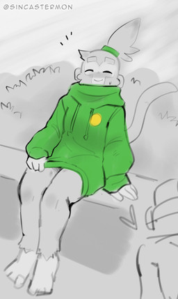 anthro biped blush bodily_fluids bottomless clothed clothing eyes_closed heart_symbol hoodie male plant shrub sitting smile solo sweat sweatdrop topwear sincastermon bloons_tower_defense ninja_kiwi druid_(bloons) vanilla_(sincastermon) haplorhine mammal monkey primate hi_res