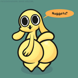 anthro big_butt black_eyes bluesky_handle butt casual_exposure dialogue fur glistening glistening_butt hand_on_butt hand_on_own_butt long_ears male oblivious presenting presenting_hindquarters raised_tail shortstack shortstack_male silly simple_background solo speech_bubble stubby_legs tail text wide_hips yellow_body yellow_fur ecchiverse chikn_nuggit chikn_nuggit_(chikn_nuggit) canid canine canis domestic_dog mammal 1:1 2026 digital_media_(artwork) english_text hi_res line_art shaded simple_shading watermark
