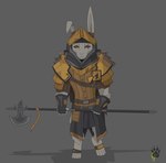 anthro armor biped buckteeth clothed clothing fully_clothed fur gloves grey_background halberd handwear headgear helmet male melee_weapon pauldron polearm simple_background solo standing teeth weapon white_body white_fur wolfdawg lagomorph leporid mammal rabbit 2017