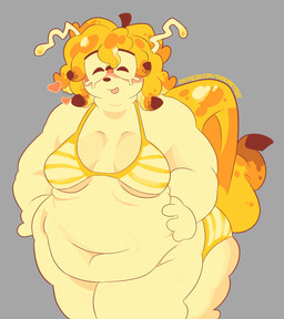 anthro banana belly_rolls bikini blonde_hair blush breasts cellulite clothing curly_hair eyewear fat_rolls female food fruit glasses grey_background hair heart_symbol overweight pattern_bikini pattern_clothing pattern_swimwear plant sagging_breasts simple_background slightly_chubby slightly_chubby_female smile solo stretch_marks striped_bikini striped_clothing striped_swimwear stripes swimwear text two-piece_swimsuit yellow_body drunkydude mythology regretevator the_axolotl_sun split_(regretevator) canid canine canis domestic_dog equid equid_taur gastropod humanoid_taur mammal mammal_taur mollusk robloxian snail taur 2026 digital_media_(artwork) hi_res url