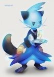 anthro biped bottomless bow_(feature) bow_tie clothed clothing glass male simple_background smile solo standing suit waiter eldrige nintendo pokemon dewott generation_5_pokemon mammal mustelid pokemon_(species)