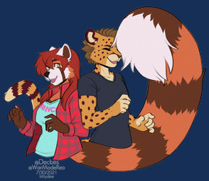 5_fingers anthro big_tail breasts clothed clothing countershading duo eyebrows eyelashes eyes_closed female fingers male open_mouth shirt simple_background smile tail teeth text text_on_clothing text_on_shirt text_on_topwear tongue topwear transparent_background year yellow_eyes kittydee zachariah_(velocitycat) ailurid cheetah felid feline mammal red_panda 2021 alpha_channel artist_name dated digital_drawing_(artwork) digital_media_(artwork) english_text
