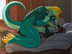 2021 3_toes 5_fingers anthro anthro_on_anthro bed bedroom_eyes biceps big_dom_small_sub big_penis black_body black_scales blue_body blue_scales bodyjob cel_shading claws collared_lizard common_collared_lizard detailed_background digital_drawing_(artwork) digital_media_(artwork) dimetrodon dominant drathius duo erection eye_contact feet finger_claws finger_on_chin fingers foreskin frill_(anatomy) furniture genitals glowing glowing_eyes green_body green_eyes green_scales hi_res huge_penis hyper hyper_genitalia hyper_penis hypnosis inside kneeling larger_anthro larger_male lizard looking_at_another lying male male/male markings mind_control monroe_lehner multicolored_body multicolored_scales muscular muscular_male narrowed_eyes nude nude_anthro nude_male on_back orange_body orange_scales pelycosaur penis pinned pinned_to_bed prehistoric_species reptile ringed_eyes scales scalie seductive sellon sex shaded size_difference smaller_anthro smaller_male smile smirk sphenacodontid spots spotted_markings striped_markings stripes synapsid teeth teeth_showing toe_claws toes vein veiny_penis yellow_body yellow_scales