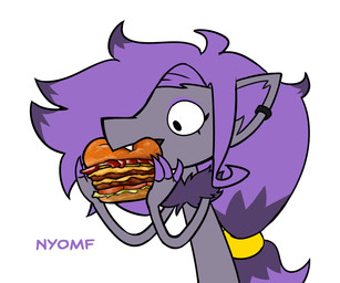 anthro bacon burger cheese chest_tuft dairy_products ear_piercing ear_ring eating eating_food fluffy fluffy_hair food fruit fur grey_body grey_fur hair hair_over_eye holding_burger holding_food holding_object lettuce looking_at_food looking_at_object male meat piercing plant purple_hair purple_inner_ear ring_piercing simple_background solo tomato tuft vegetable white_background somesacredbird nintendo pokemon fan_character zoroark_(somesacredbird) generation_5_pokemon pokemon_(species) zoroark 2023 digital_drawing_(artwork) digital_media_(artwork) english_description hi_res