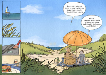 5_fingers alcohol anthro bag beach beach_towel beach_umbrella beverage boat bottomwear clothed clothed_anthro clothed_female clothed_male clothing day dress duo feathers female fingers food fur grass humanoid_hands interspecies male male/female on_ground outside parasol plant public sailing_boat sailing_watercraft sand sandwich_(food) sea shirt shorts sitting sitting_on_ground sundress tail tan_body tan_fur text topwear towel vehicle water watercraft white_body white_feathers wine kantachibli clover_(kantachibli) phillip_(kantachibli) avian bird bovid bovine cattle heron mammal pelecaniform comic english_text hi_res url