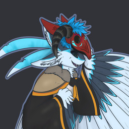 anthro armor black_horn black_sclera black_sleeves blue_body blue_feathers blue_hair blue_markings blue_paint bone bone_mask breastplate facial_markings feathered_wings feathers grey_body grey_feathers hair head_markings holding_mask horn looking_at_viewer male mantle markings mask no_irises paint red_body red_paint red_scales ribbed_horn scales skull skull_mask smile smiling_at_viewer solo tribal_mask white_body white_feathers wings toddavali braid_(k'braid) zolf_holson_(zolorange45) avali absurd_res hi_res