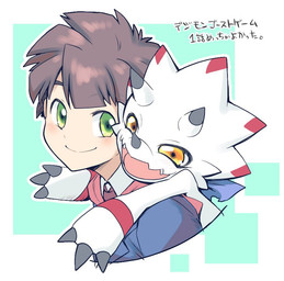 anthro brown_hair carrying_another chibi claws clothing duo facial_horn hair hoodie horn kerchief male nose_horn piggyback simple_background text topwear yellow_eyes nagi1720 bandai_namco digimon digimon_ghost_game hiro_amanokawa ceratopsian digimon_(species) dinosaur gammamon human mammal ornithischian prehistoric_species reptile scalie japanese_text
