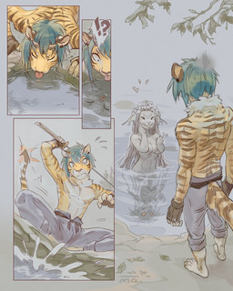 anthro barefoot bone breasts clothed clothing drinking duo ear_piercing feet female horn interrobang inviting katana male melee_weapon piercing reflection skeleton smile sword tongue tongue_out topless weapon melloque aquatic demon felid mammal pantherine tiger comic hi_res