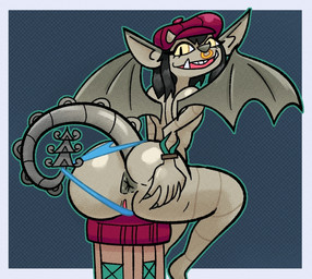 anus big_butt black_hair blue_background blue_clothing blue_panties blue_underwear border butt clothing clothing_pull eyelashes facial_piercing female flat_cap furniture genitals grey_anus grey_body grey_border grey_horn hair hat headgear headwear horn looking_at_viewer looking_back looking_back_at_viewer membrane_(anatomy) membranous_wings nose_piercing nose_ring open_mouth panties panty_pull pattern_background piercing pupils rear_view ring_piercing short_hair simple_background sitting slit_pupils solo spread_butt spreading stool tail tail_ridge thick_thighs underwear underwear_pull vulva wide_hips wings yellow_eyes pulpdirector deadlock_(game) valve ivy_(deadlock) gargoyle humanoid