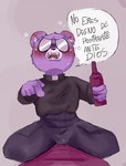 anthro blush bottomwear clothed clothing dialogue drunk eyewear glasses humanoid_hands male pants purple_body sitting solo substance_intoxication text zadscat unicorn_wars padre_(unicorn_wars) bear mammal 2023 hi_res spanish_text