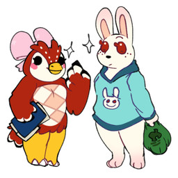 3_toes 4_fingers accessory albino anthro barefoot beak black_eyes black_nose blue_clothing blue_jacket blue_topwear blush blush_stickers bow_ribbon breasts cheek_spots closed_smile clothing duo eyebrows feathers feet female fingers freckled_face freckles fur hair_accessory hair_bow hair_ribbon holding_bag holding_object jacket mouth_closed multicolored_body multicolored_feathers pink_bow red_body red_eyes red_feathers ribbons simple_background small_breasts smile sparkles standing tail tail_feathers toes topwear white_background white_body white_feathers white_fur yellow_legs sableablesimp animal_crossing nintendo celeste_(animal_crossing) ruby_(animal_crossing) avian bird lagomorph leporid mammal owl rabbit 1:1 hi_res