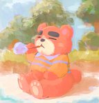 anthro brown_body brown_fur chibi clothed clothing detailed_background eyes_closed fur kemono male outside shirt sitting slightly_chubby solo topwear buta5kawa animal_crossing nintendo teddy_(animal_crossing) bear mammal 2021 hi_res