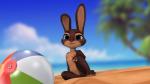 16:9 3d_(artwork) anthro areola beach blue_eyes breasts brown_body brown_fur claws clothing digital_media_(artwork) exposure_variation female fur hi_res lagomorph leporid looking_at_viewer mammal navel nipples nude rabbit seaside solo swimwear thirteeenth tongue tongue_out wallpaper widescreen