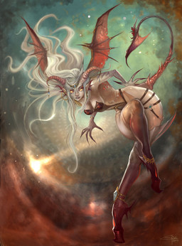 abstract_background anklet bent_over black_hooves boots bracelet breasts clothing corset crossed_legs crown ear_piercing female footwear glistening glowing glowing_eyes gold_(metal) hair headgear hooves horn horn_jewelry horn_ring jewelry legwear lingerie long_hair long_legs long_nails looking_at_viewer membrane_(anatomy) membranous_wings naughty_face not_furry on_one_leg pale_skin piercing pose raised_leg ring_(jewelry) shoes simple_background solo spade_tail spread_wings standing tail thigh_boots thigh_highs tiara tiptoes topwear white_body white_hair white_skin wide_hips wings yellow_eyes carolina_eade feytouched_studios warsong_chronicles demon humanoid satyr 2011 detailed source_request unavailable_at_source