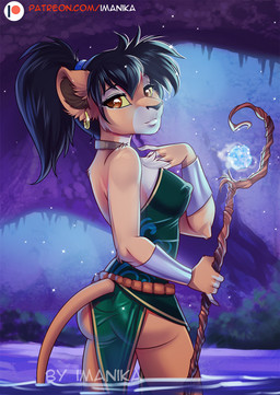 anthro black_hair breasts brown_eyes butt detailed_background eyelashes female hair holding_object holding_staff legs_in_water nipple_outline partially_submerged solo staff submerged_legs submerged_tail tail tail_in_water thin_tail water imanika felid lion mammal pantherine digital_media_(artwork) shaded