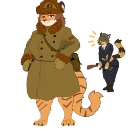 anthro armor barefoot belt boots clothing coat duo ears_up eyebrows feet female footwear fur gloves gun handwear hat headgear headwear helmet looking_at_viewer military military_uniform open_mouth orange_eyes ranged_weapon shoes smile smiling_at_viewer soldier striped_body stripes tail topwear uniform warrior weapon wearing_hat yelling yelling_at_another gorgonwriting felid feline mammal pantherine tiger absurd_res hi_res