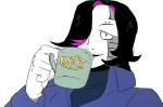clothed clothing container cup hair hair_over_eye holding_container holding_cup holding_object laugh machine male not_furry one_eye_obstructed parody solo haaru undertale undertale_(series) mettaton mettaton_ex android humanoid robot robot_humanoid colored meme