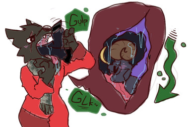 anthro black_body blush blush_lines bodily_fluids clothing duo eye_scar eyewear facial_scar fangs glasses horn internal male male_anthro oral_vore saliva scar scarf teeth tongue vore voregonzola cult_of_the_lamb massive_monster_(studio) aym_(cult_of_the_lamb) dakota_mattson_(brynijiue) bovid caprine mammal sheep