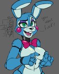 2023 4_fingers animatronic anthro arm_tuft blue_body blue_fur bow_tie breasts buckteeth crossgender curvy_figure english_text eyelashes eyeshadow featureless_breasts female fingers five_nights_at_freddy's five_nights_at_freddy's_2 foxydoll604 fur genitals green_eyes grey_background hi_res lagomorph leporid machine makeup mammal multicolored_body pussy rabbit robot scottgames shoulder_tuft simple_background sketch small_waist solo standing teeth text toy_bonnie_(fnaf) tuft two_tone_body