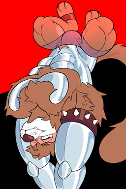 abs anthro chrome eye_contact fluffy looking_at_another lying male masculine metallic_body muscular on_back pecs solo upside_down fetishame chimera 2:3 absurd_res hi_res