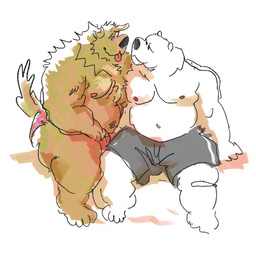 anthro black_bottomwear black_clothing black_shorts blue_eyes bottomwear clothing duo fluffy fur male male/male muscular muscular_male navel nipples overweight shorts sitting smile smiling_at_another smiling_at_each_other smiling_at_partner thick_thighs tongue tongue_out white_body white_fur yellow_body yellow_fur chuchowriggle roy_granger bear bird_dog brown_bear canid canine canis domestic_dog golden_retriever grizzly_bear hunting_dog hybrid mammal polar_bear retriever ursine absurd_res hi_res