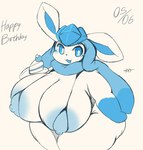 anthro areola big_breasts bikini bikini_top blue_areola blue_eyes blue_nipples breasts cake clothing dessert female food happy_birthday huge_breasts nipples solo swimwear thick_thighs two-piece_swimsuit white_body lightmizano nintendo pokemon eeveelution generation_4_pokemon glaceon pokemon_(species) hi_res