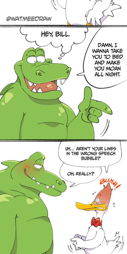 anthro beak belly blush blush_lines bow_tie bow_tie_only dot_eyes duo feathers green_body male male/male mostly_nude nude red_bow_tie simple_eyes slightly_chubby smile smirking_at_partner speech_bubble teeth text white_body white_feathers wing_fingers watmeedraw sitting_ducks aldo_(sitting_ducks) ed_(sitting_ducks) alligator alligatorid anatid anseriform avian bird crocodilian duck reptile scalie absurd_res english_text hi_res